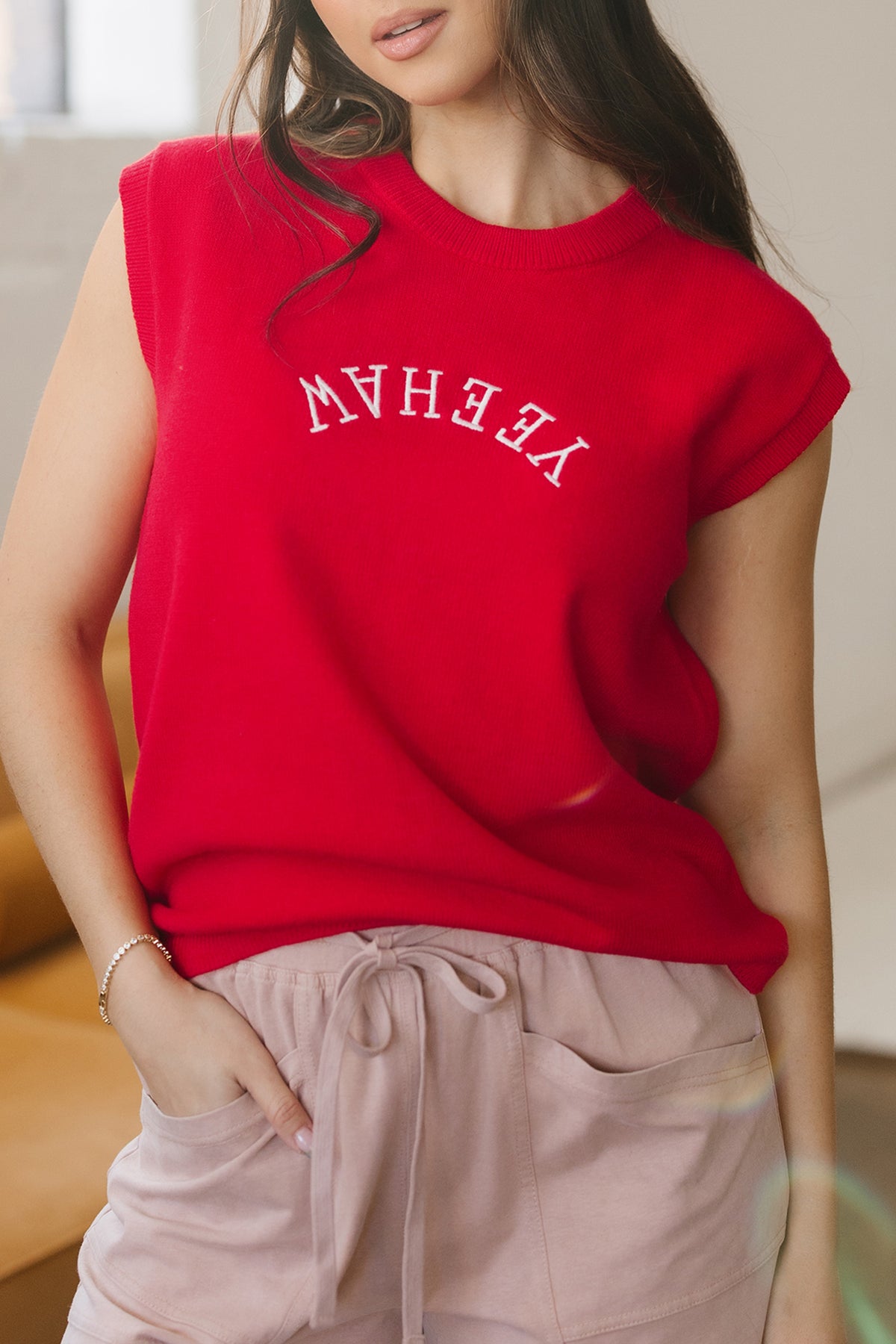 KaleaBoutique Stylish YEEHAW Embroidered Letter Loose Short Sleeve Sweater - KaleaBoutique.com