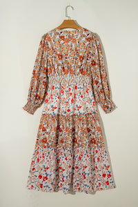 KaleaBoutique Stylish Floral Print Ruffled Tiered Long Sleeve V Neck Midi Dress - KaleaBoutique.com