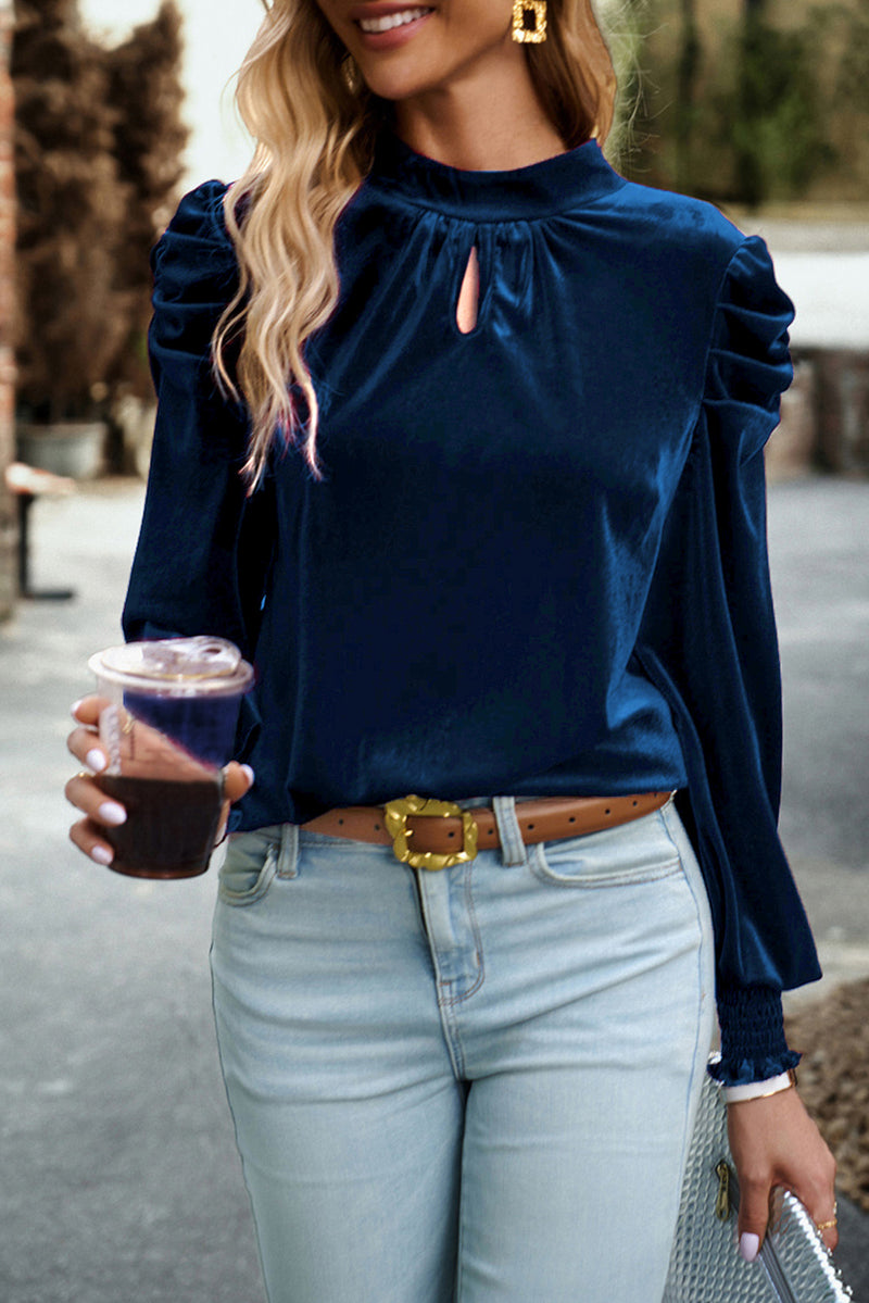 KaleaBoutique Fiery Mock Neck Puff Sleeve Velvet Blouse - KaleaBoutique.com