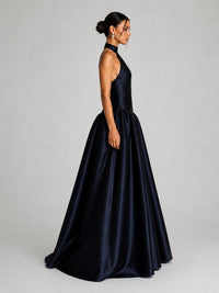 Midnight Navy Satin Halter Neck Ball-Gown Evening Dress - KaleaBoutique.com