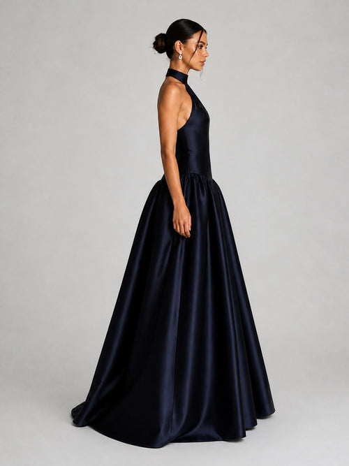 Midnight Navy Satin Halter Neck Ball-Gown Evening Dress - KaleaBoutique.com