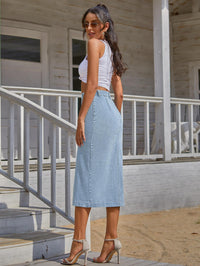 Women's High-Waist Offset-Button Denim Midi Skirt
