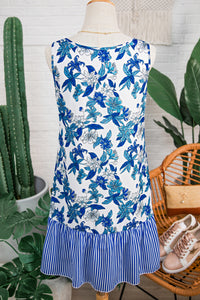 KaleaBoutique Stylish Floral Print U Neck Sleeveless Striped Ruffle Hem Patchwork Dress - KaleaBoutique.com