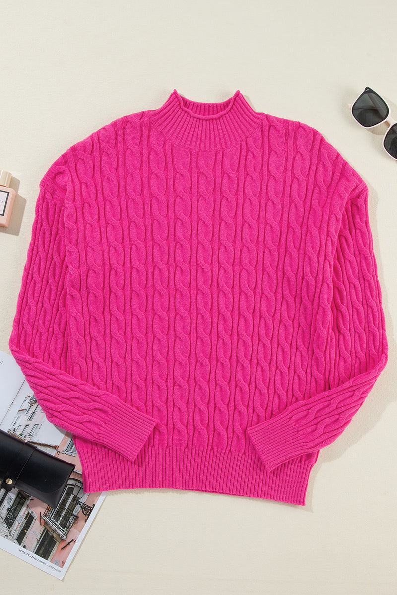 KaleaBoutique Solid Cable Knit High Neck Drop Shoulder Sweater - KaleaBoutique.com