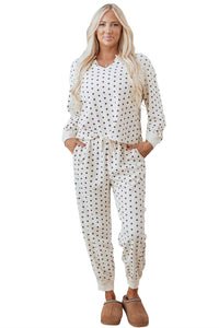 KaleaBoutique Comfortable Polka Dot Print Notched Neck Long Sleeve Top Drawstring Jogger Pants Waffle Knit Lounge Set - KaleaBoutique.com