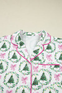 KaleaBoutique Comfortable Christmas Fashion Print Velvet Trim Bow Knot Pajama 2pcs Short Set - KaleaBoutique.com