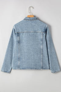 Scallop Trim Collar Patched Pocket Button Up Mineral Washed Denim Jacket - KaleaBoutique.com