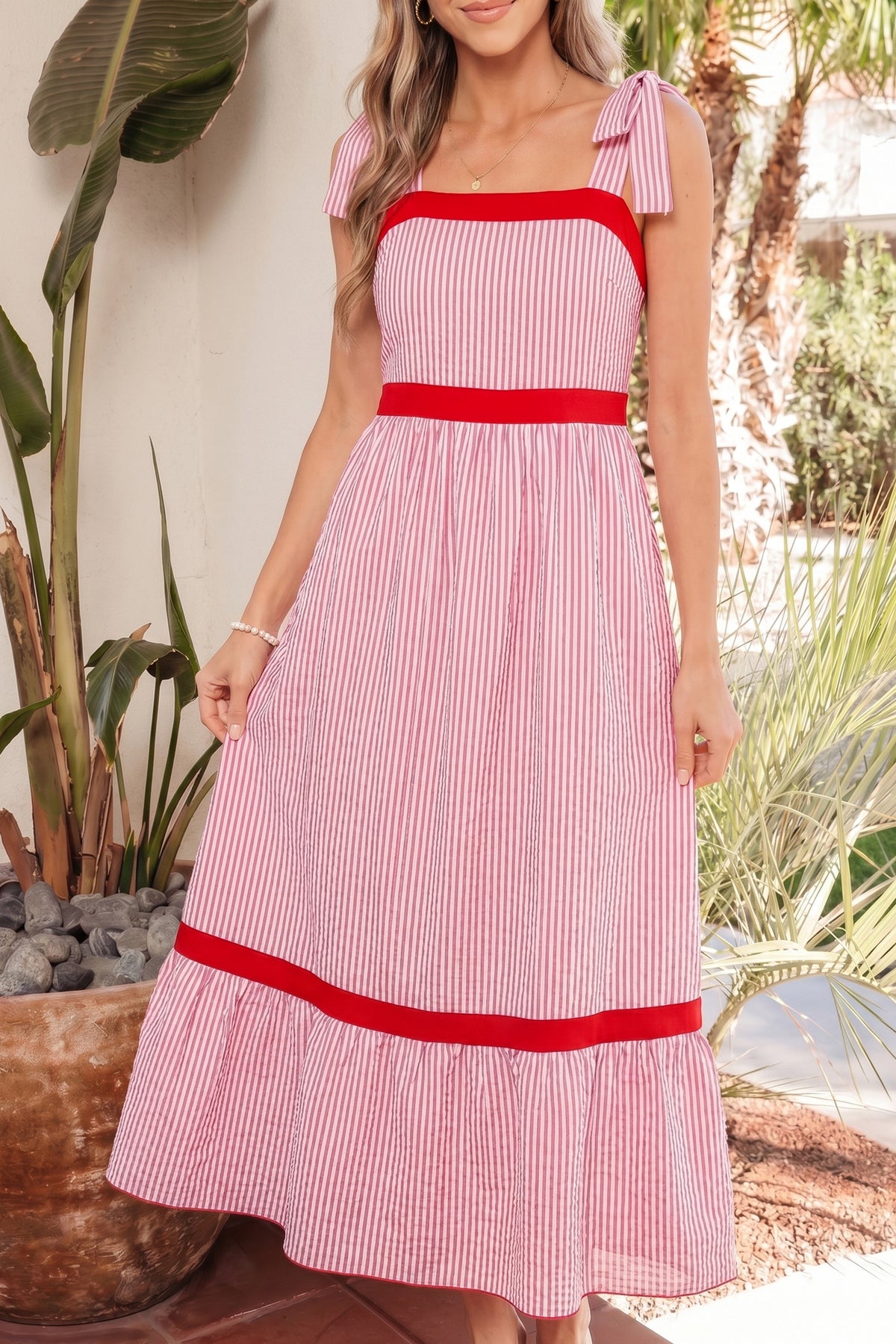 KaleaBoutique Stylish Bow Knot Straps Contrast Trim High Waist Ruffle Hem Maxi Dress - KaleaBoutique.com