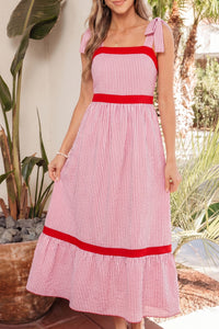 KaleaBoutique Stylish Bow Knot Straps Contrast Trim High Waist Ruffle Hem Maxi Dress - KaleaBoutique.com