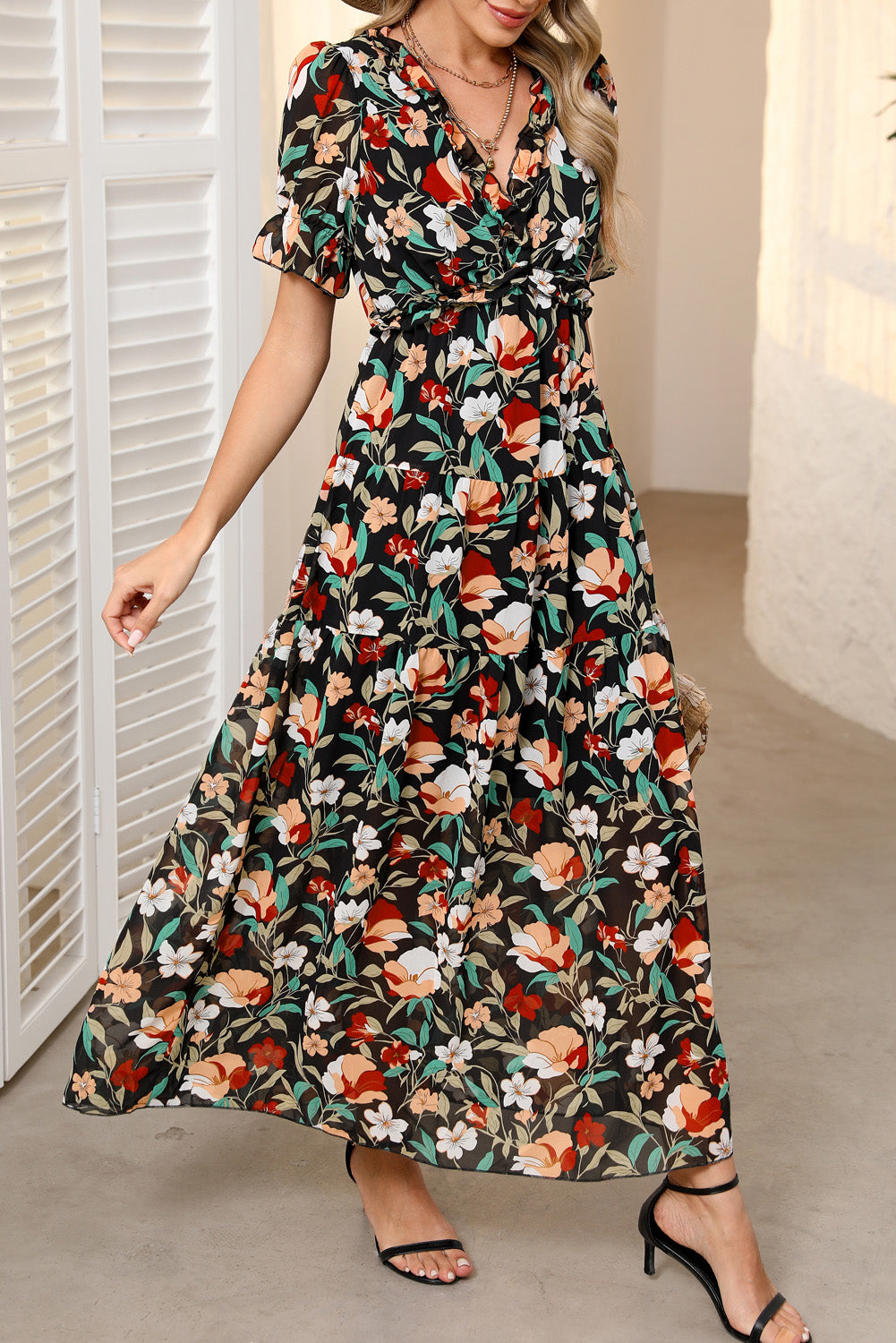 KaleaBoutique Stylish Fiery Floral Print Frilled V Neck Short Sleeve Maxi Dress - KaleaBoutique.com
