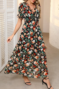 KaleaBoutique Stylish Fiery Floral Print Frilled V Neck Short Sleeve Maxi Dress - KaleaBoutique.com