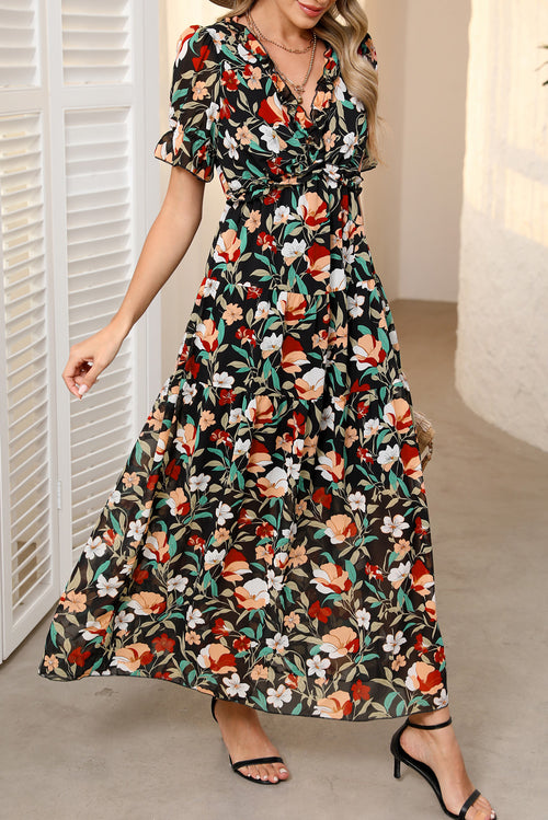 KaleaBoutique Stylish Fiery Floral Print Frilled V Neck Short Sleeve Maxi Dress - KaleaBoutique.com