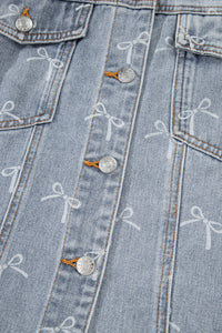Bow Knot Print Light Wash Raw Hem Denim Jacket - KaleaBoutique.com