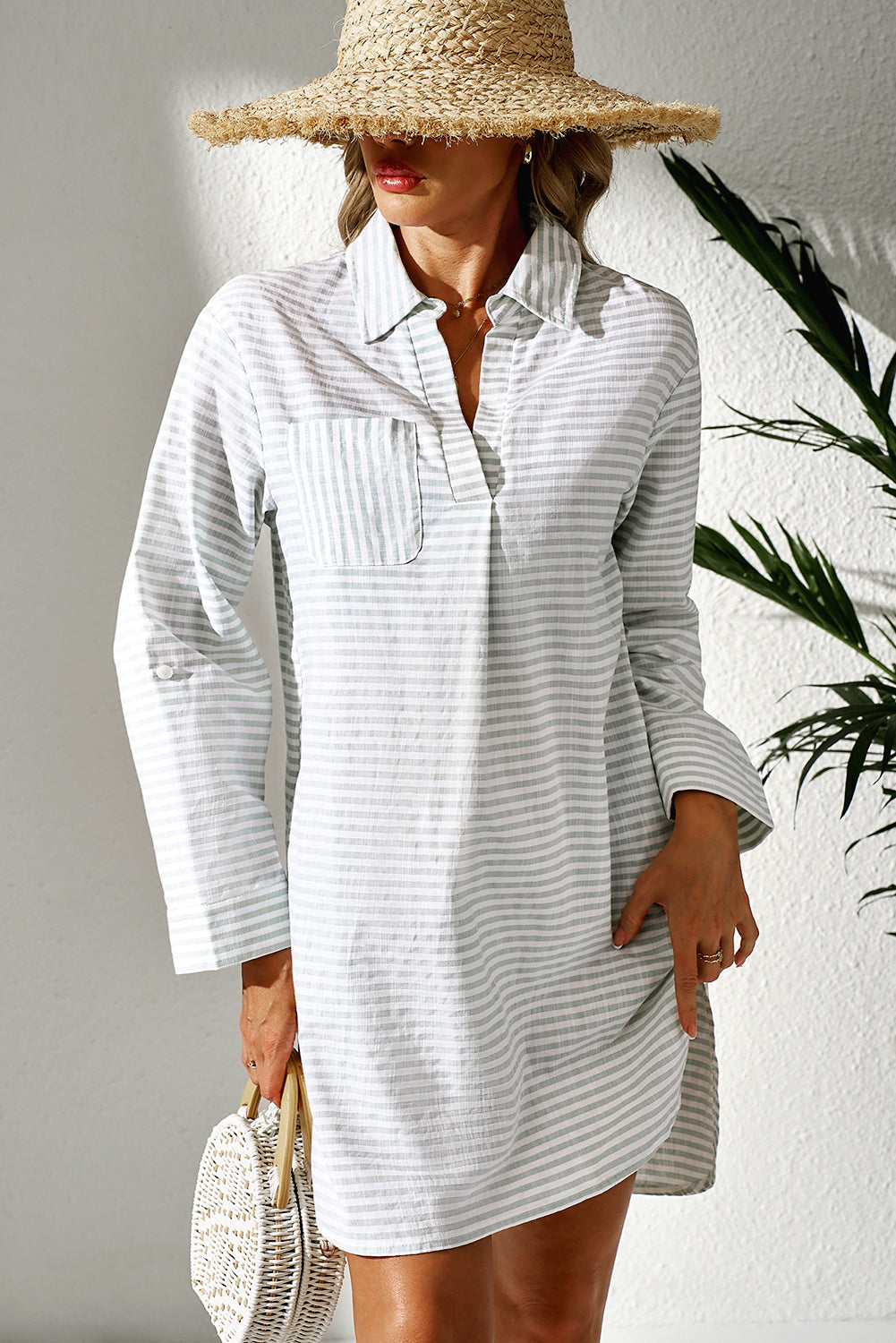 Collared V Neck Chest Pocket Long Sleeve Beach Cover up - KaleaBoutique.com