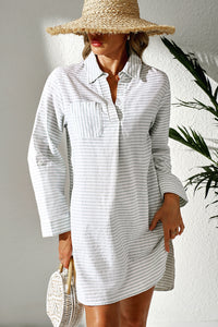 Collared V Neck Chest Pocket Long Sleeve Beach Cover up - KaleaBoutique.com