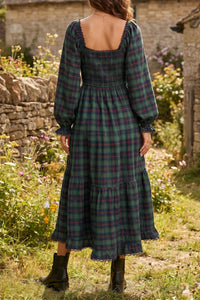 KaleaBoutique Comfortable Vintage Plaid Square Neck Lace Trim Long Sleeve Shift Dress - KaleaBoutique.com