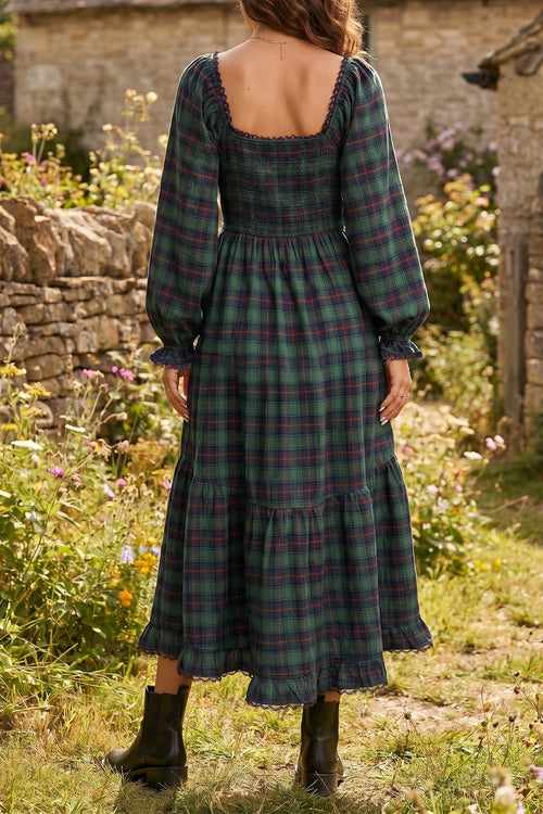 KaleaBoutique Comfortable Vintage Plaid Square Neck Lace Trim Long Sleeve Shift Dress - KaleaBoutique.com