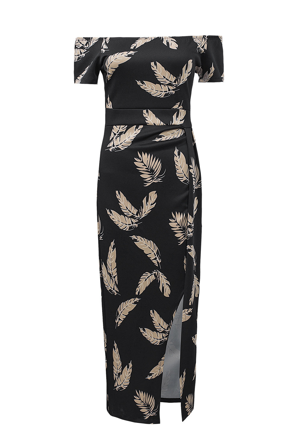 KaleaBoutique Stylish Black Pattern Print Off Shoulder Slit Bodycon Midi Dress - KaleaBoutique.com
