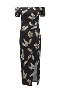KaleaBoutique Stylish Black Pattern Print Off Shoulder Slit Bodycon Midi Dress - KaleaBoutique.com
