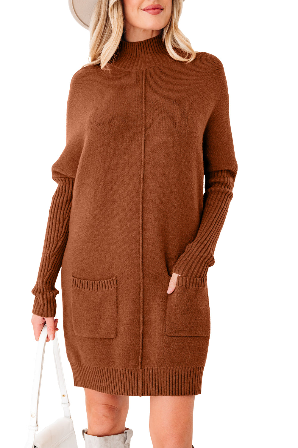 KaleaBoutique Stylish Ribbed High Neck Front Pockets Center Seam Shift Sweater Dress - KaleaBoutique.com