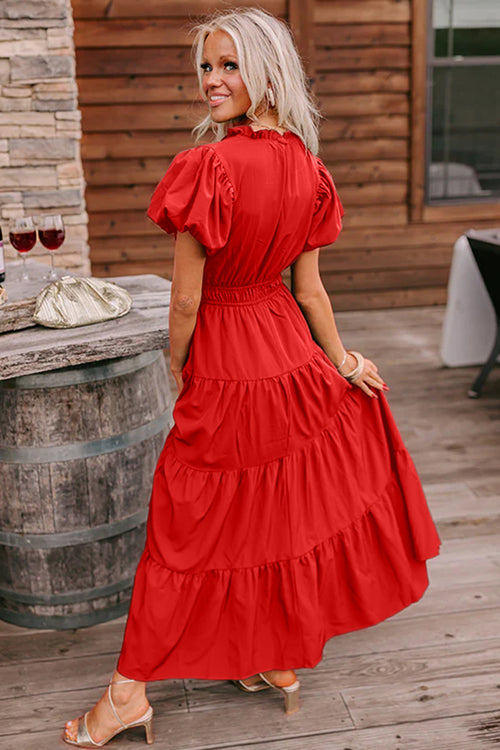 KaleaBoutique Stylish Solid Color V Neck Short Puff Sleeve High Waist Tiered Maxi Dress - KaleaBoutique.com