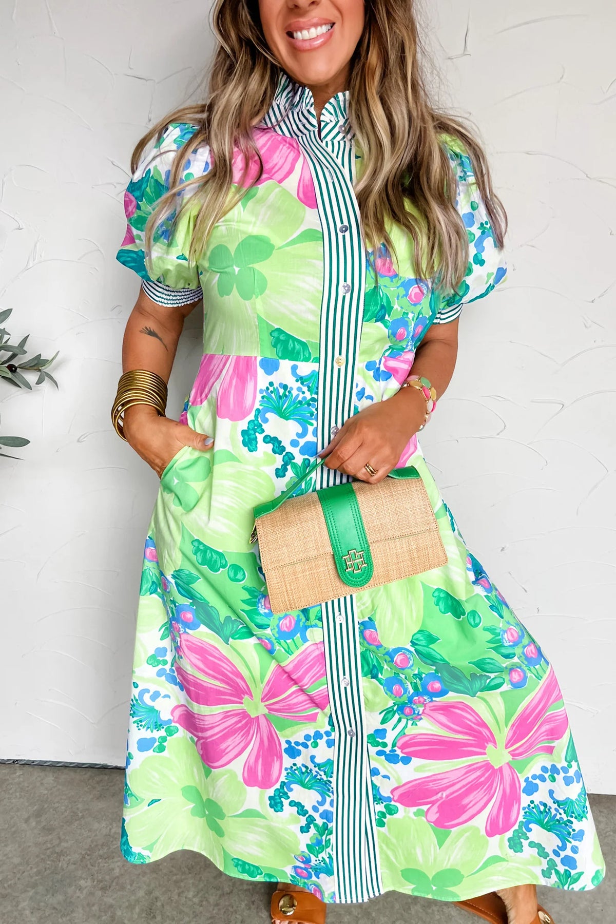 KaleaBoutique Stylish Floral Print Striped Trim Button Down Short Sleeve Vacation Dress - KaleaBoutique.com