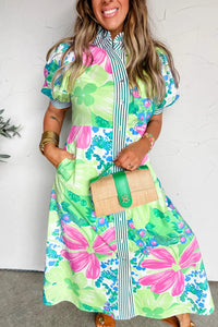 KaleaBoutique Stylish Floral Print Striped Trim Button Down Short Sleeve Vacation Dress - KaleaBoutique.com