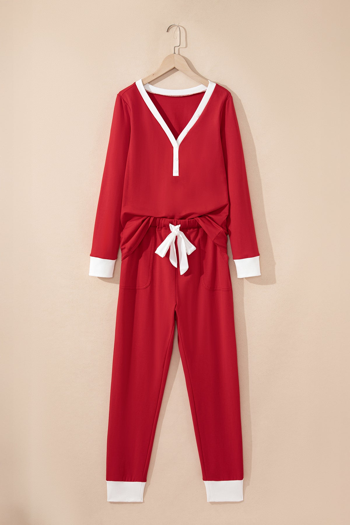 KaleaBoutique Stylish Contrast Trim Button V Neck Ribbon Bow Knot Waist 2pcs Lounge Pant Set - KaleaBoutique.com