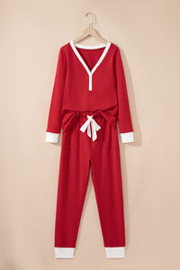 KaleaBoutique Stylish Contrast Trim Button V Neck Ribbon Bow Knot Waist 2pcs Lounge Pant Set - KaleaBoutique.com