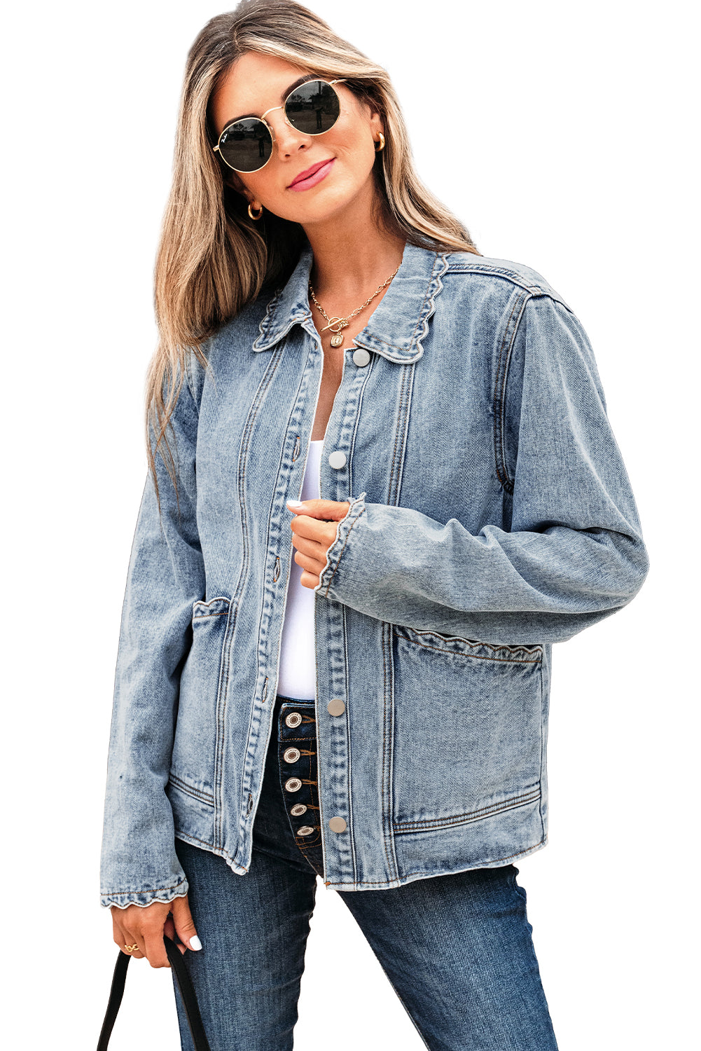 Scallop Trim Collar Patched Pocket Button Up Mineral Washed Denim Jacket - KaleaBoutique.com