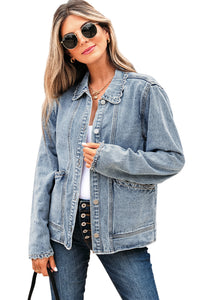 Scallop Trim Collar Patched Pocket Button Up Mineral Washed Denim Jacket - KaleaBoutique.com