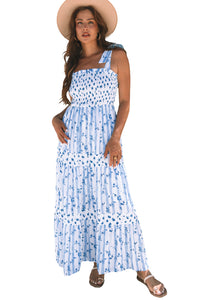 Floral Smocked Tied Straps A-Lined Tiered Maxi Dress - KaleaBoutique.com