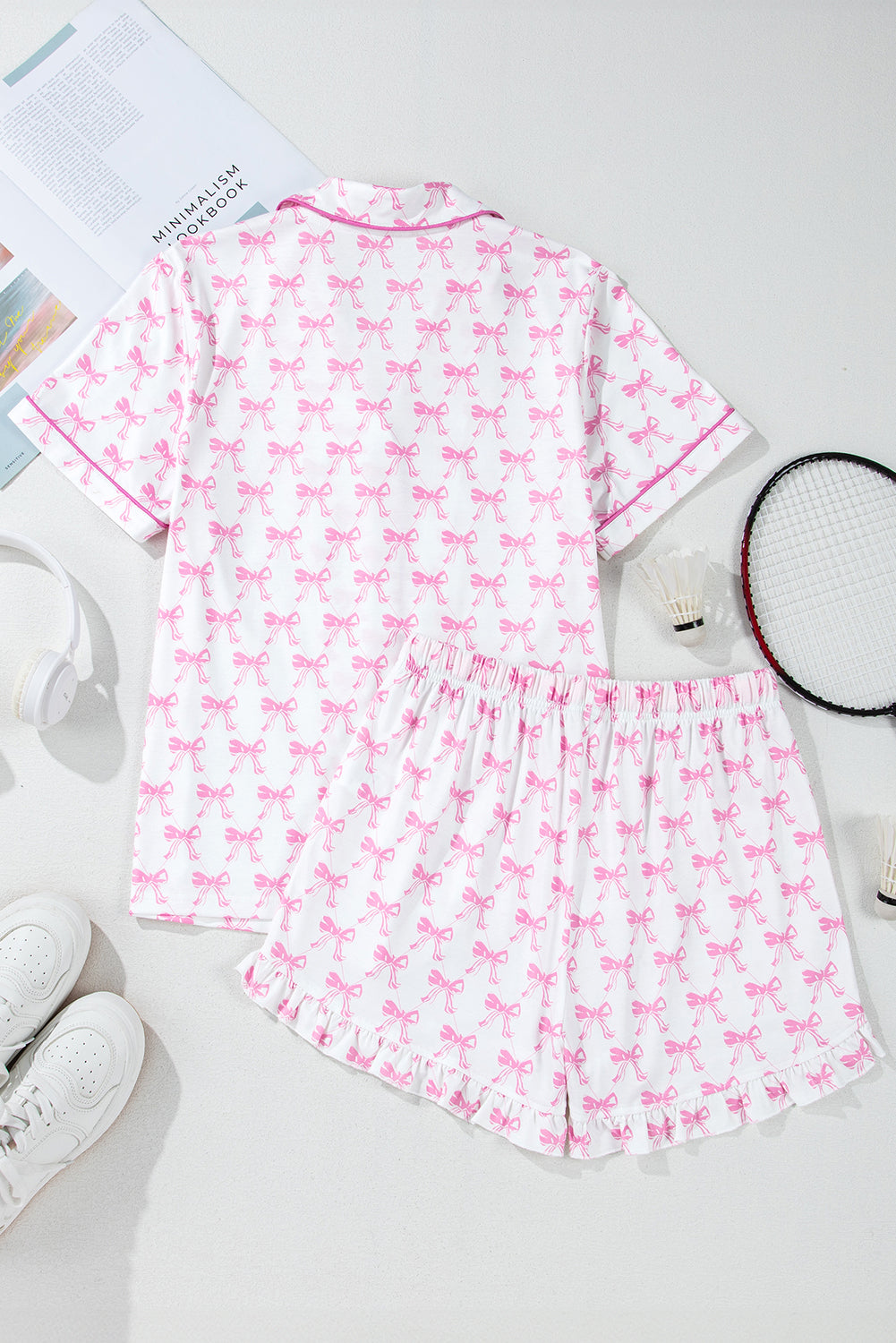 KaleaBoutique Comfortable Bowknot Printed Short Sleeve and Ruffled Shorts Pajama Set - KaleaBoutique.com