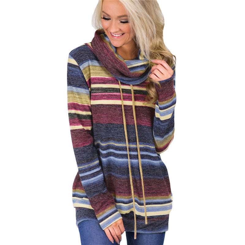 Women's Multicolor Striped Cowl-Neck Pullover with Drawstrings - KaleaBoutique.com