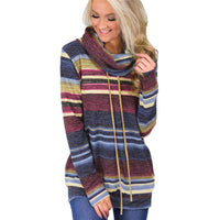 Women's Multicolor Striped Cowl-Neck Pullover with Drawstrings - KaleaBoutique.com