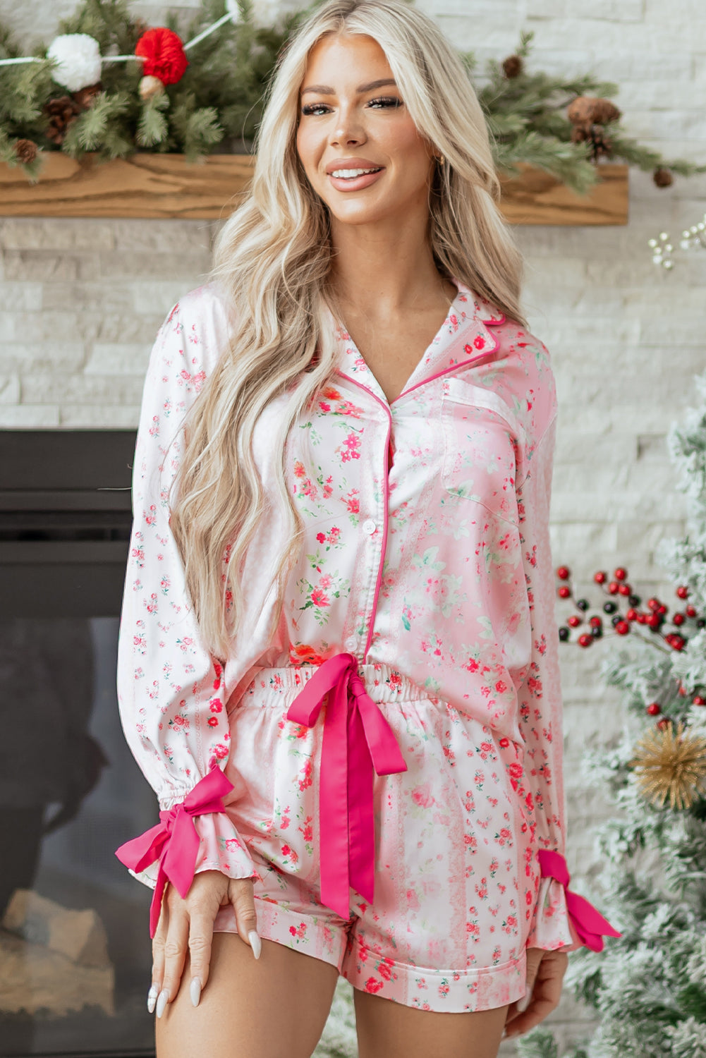 KaleaBoutique Comfortable Mixed Floral Print Contrast Piping Trim Satin Tie 2pcs Pajama Set - KaleaBoutique.com
