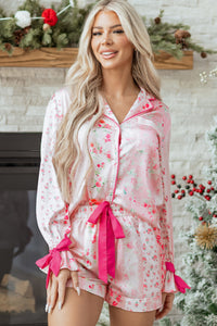 KaleaBoutique Comfortable Mixed Floral Print Contrast Piping Trim Satin Tie 2pcs Pajama Set - KaleaBoutique.com