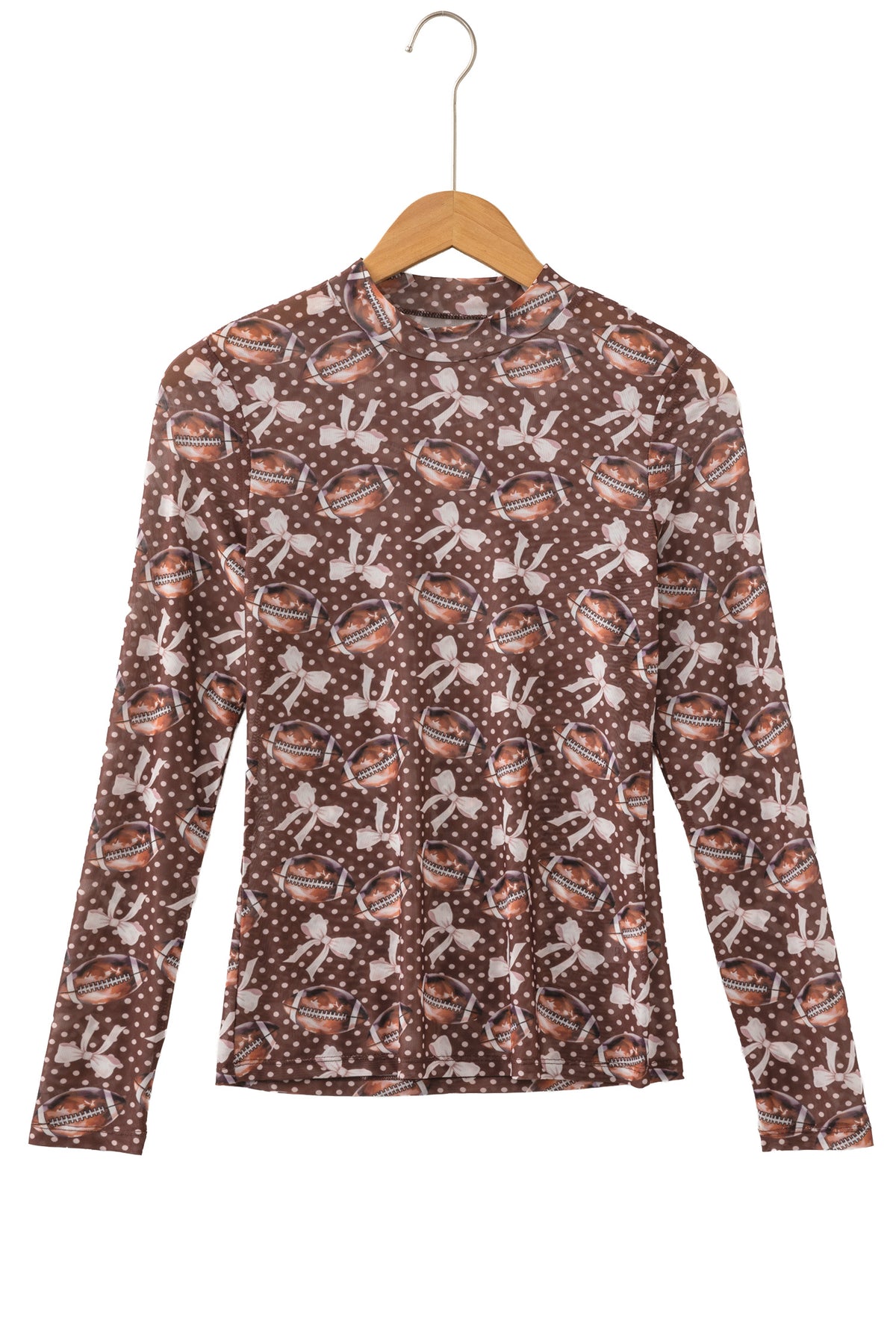 KaleaBoutique Stylish Polka Dot Bow Football Print Long Sleeve Mesh Top - KaleaBoutique.com