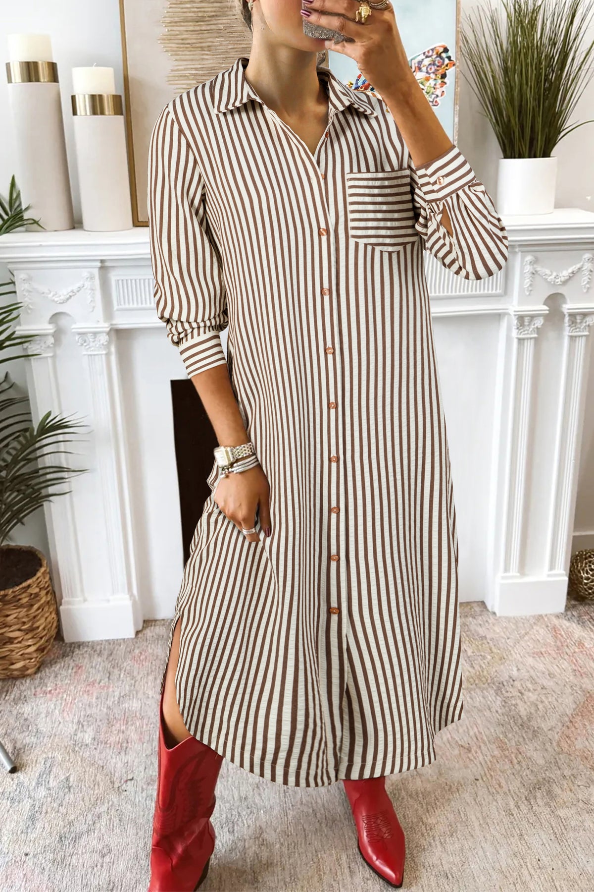 Textured 3/4 Sleeve Round Hem Split Midi Shirt Dress - KaleaBoutique.com