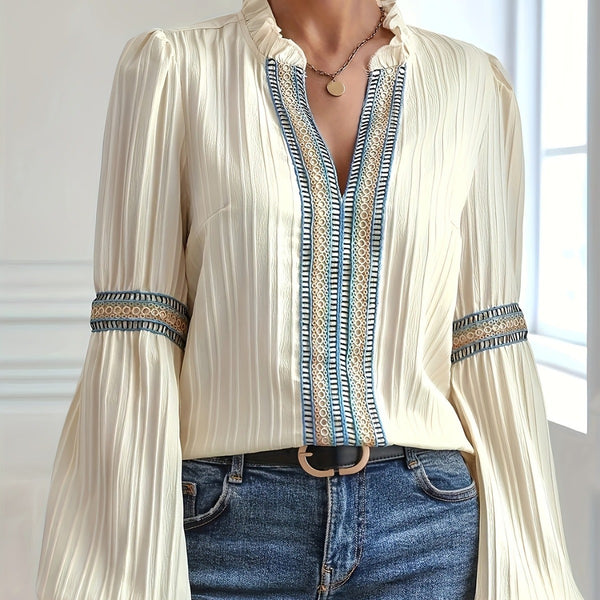 Simple Plain Lace V-neck Patchwork Shirt - KaleaBoutique.com