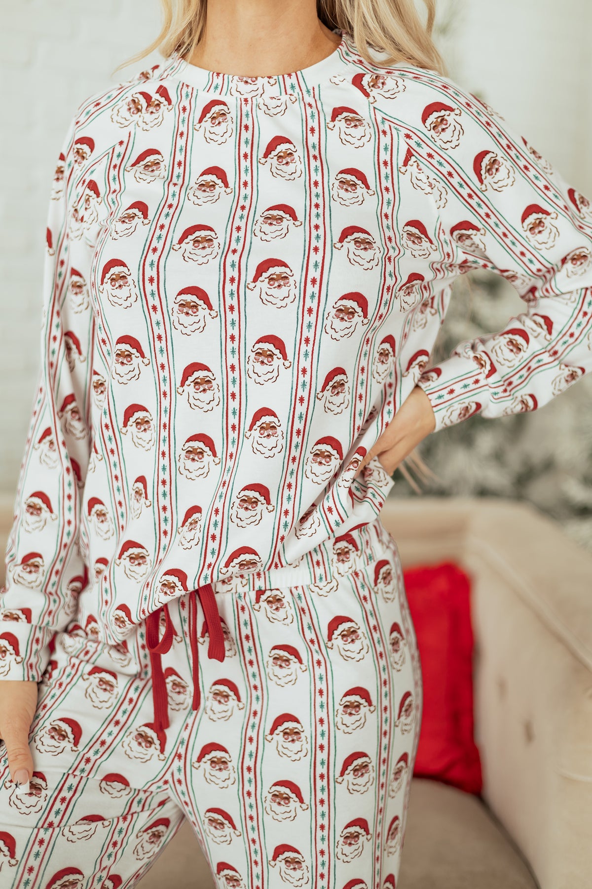KaleaBoutique Stylish Father Christmas Striped Print Contrast Drawstring Lounge Pant Set - KaleaBoutique.com