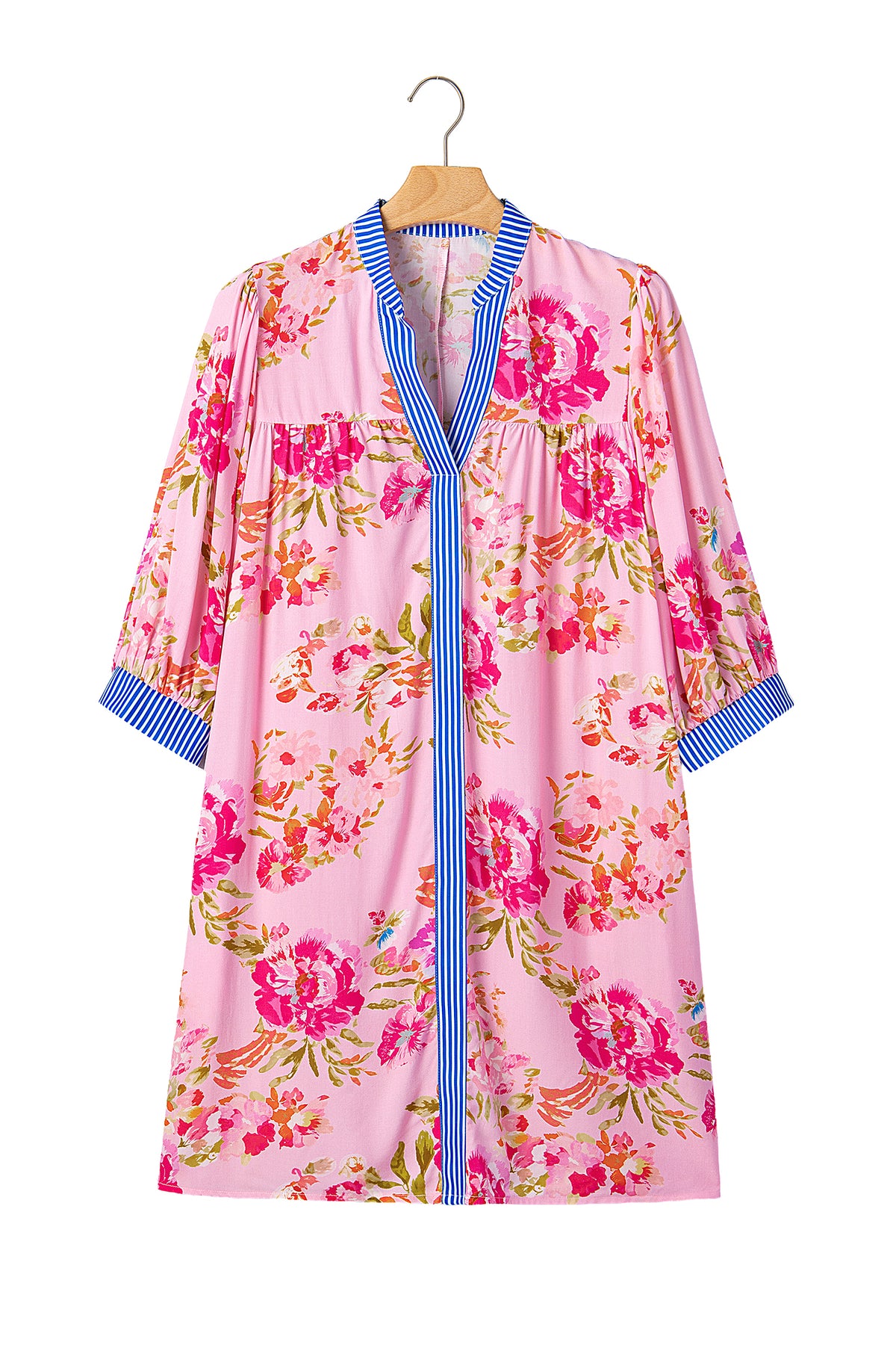KaleaBoutique Stylish Floral Striped Patchwork Trim Half Sleeve Mini Dress - KaleaBoutique.com