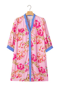 KaleaBoutique Stylish Floral Striped Patchwork Trim Half Sleeve Mini Dress - KaleaBoutique.com
