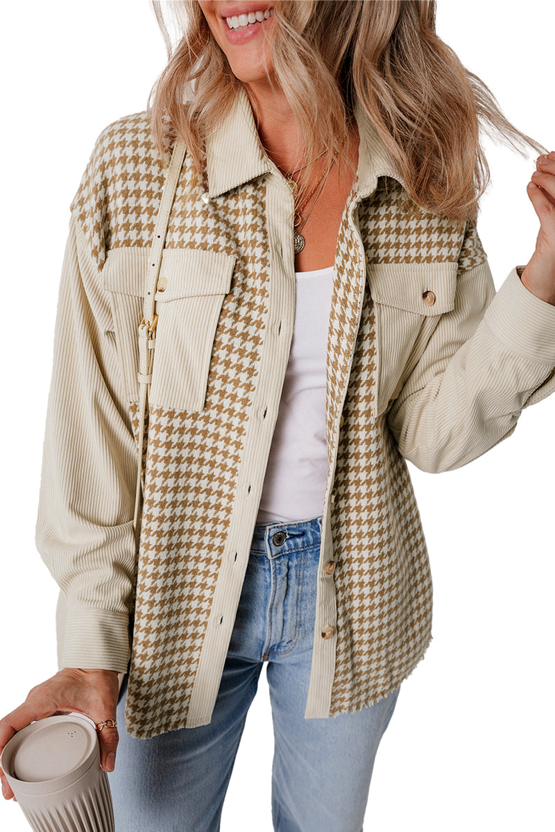 KaleaBoutique Houndstooth Corduroy Patchwork Flap Pocket Shacket - KaleaBoutique.com