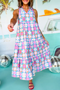 Floral Print Frilly Neck Sleeveless Tiered Maxi Dress - KaleaBoutique.com