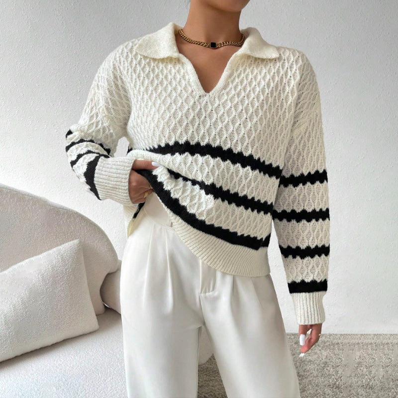 Women's Striped Openwork Polo-Collar Pullover Sweater - KaleaBoutique.com