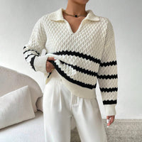 Women's Striped Openwork Polo-Collar Pullover Sweater - KaleaBoutique.com