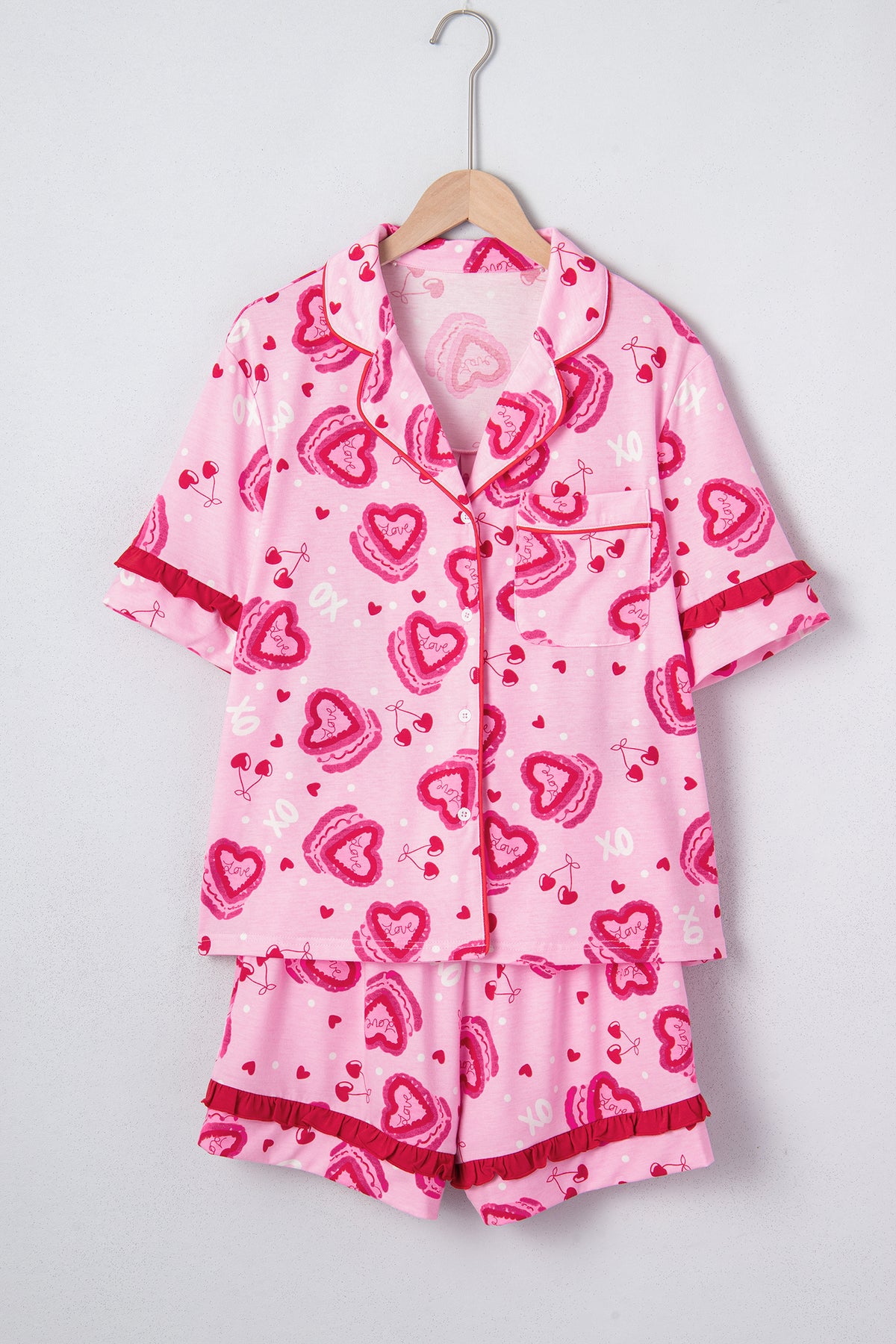 KaleaBoutique Stylish Sweet Heart Cake Print Contrast Ruffle Trim Valentines 2pcs Pajama Set - KaleaBoutique.com