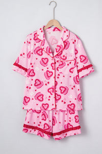 KaleaBoutique Stylish Sweet Heart Cake Print Contrast Ruffle Trim Valentines 2pcs Pajama Set - KaleaBoutique.com