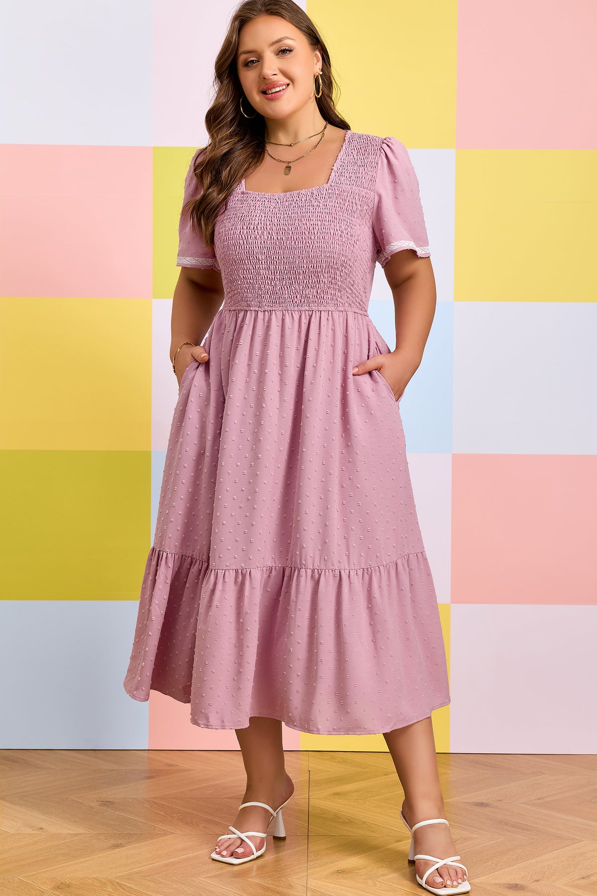 Pink Plus Size Swiss Dot Smocked Midi Dress - KaleaBoutique.com
